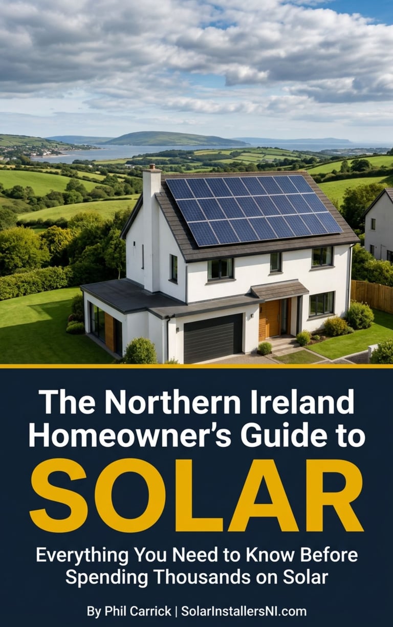 White modern house with solar panels on roof overlooking green countryside landscape with water in distance