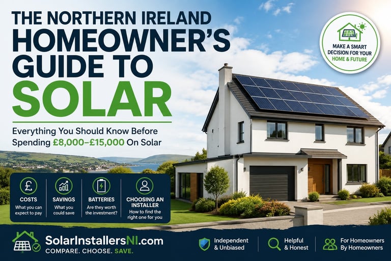 The Northern Ireland Homeowners Guide to Solar cover showing a modern white house with solar panels on roof and guide pricing of £8,000-£15,000
