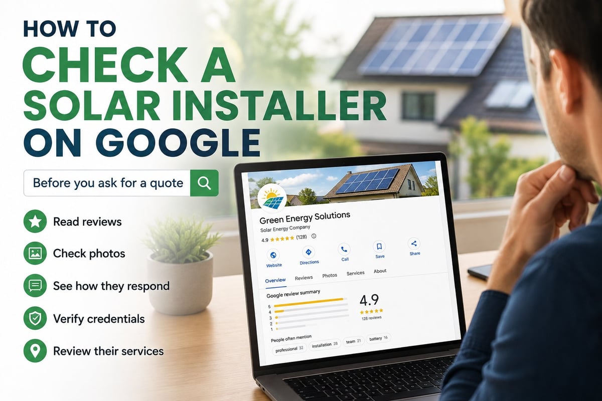 Person viewing Google search results for solar installers on laptop, with checklist of verification steps including reviews and credentials
